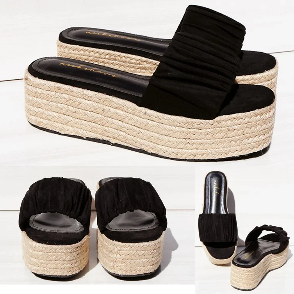 NEW Black Ruched Faux Suede Espadrille Slip On Slides Wedge Platform Sandal Shoe